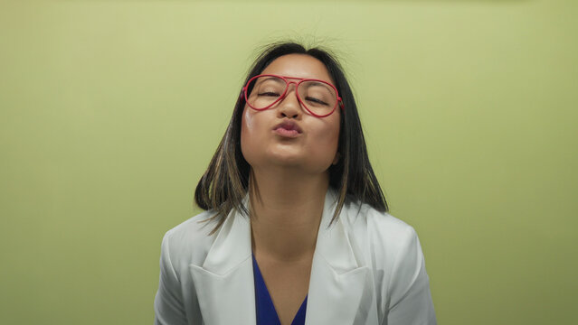 Young woman in white jacket and red glasses gives a kiss to the camera forming a heart gesture with her hands against an isolated yellow background.