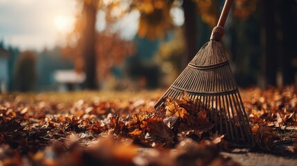 Rake with wooden handle is gathering colorful autumn leaves on a sunlit path, surrounded by trees showcasing vibrant fall foliage and a warm, inviting atmosphere