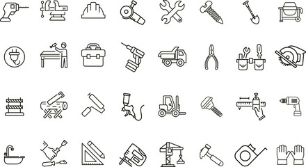 Construction and Tools Vector Icons. Set of 32 line art symbols for manual labor, machinery, and building projects. Includes hard hat, crane, blueprint, and power tools