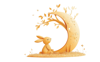 Artistic paper tree shaped like a crescent moon with a small rabbit resting beneath in a serene composition