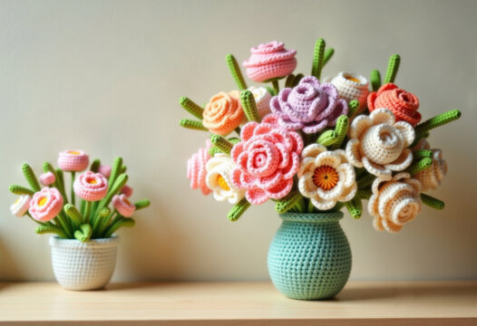 Colorful Knitted Bouquet of Crochet Flowers in Vase on Wooden Table