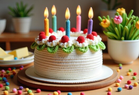 Colorful Handmade Knitted Cake with Candles on Wooden Table