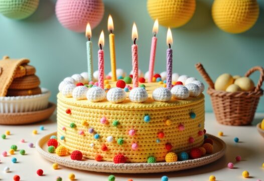 Colorful Knitted Cake with Candles on Wooden Table for Celebration