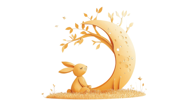 Artistic paper tree shaped like a crescent moon with a small rabbit resting beneath in a serene composition