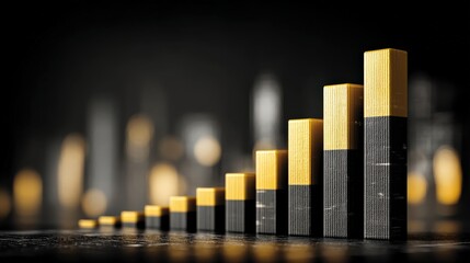 A striking visual of a rising bar graph, its golden columns ascending against a blurred cityscape backdrop. ..Created with Generative AI, not depicting real subjects.