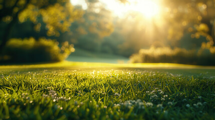 Close-Up View of Fresh Green Grass on Sunny Golf Field