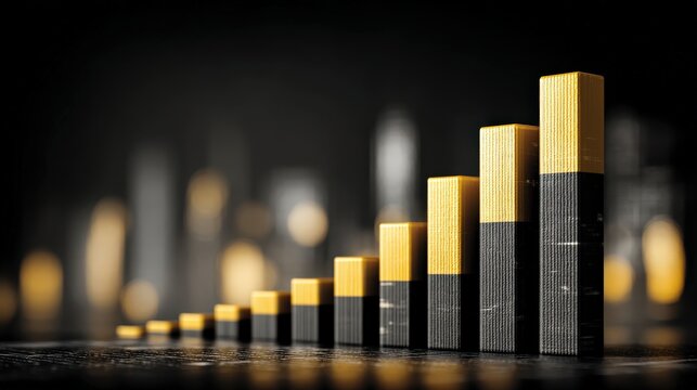 A striking visual of a rising bar graph, its golden columns ascending against a blurred cityscape backdrop. ..Created with Generative AI, not depicting real subjects.