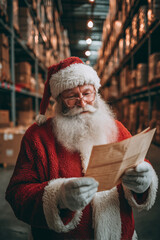 Santa Claus reading writing on gift checklist in warehouse surrounded by storage boxes