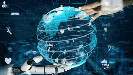 A robotic hand reaches towards a glowing digital globe filled with technology icons, symbolizing the interconnectedness of humanity and the future of innovation. Xenic