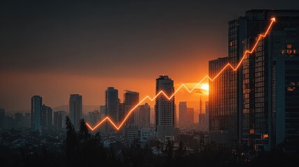 Dynamic illustration that overlays a rising line graph atop a vibrant cityscape during dusk. Symbolizes growth, progress. ..Created with Generative AI, not depicting real subjects.
