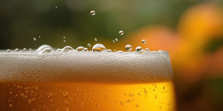Close-up view of bubbles rising in a glass of fresh lager beer