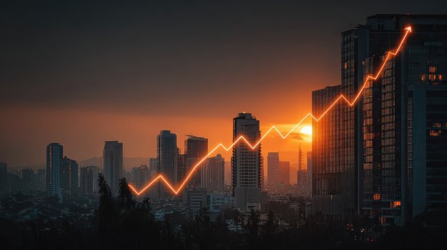 Dynamic illustration that overlays a rising line graph atop a vibrant cityscape during dusk. Symbolizes growth, progress. ..Created with Generative AI, not depicting real subjects.