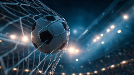 A soccer ball strikes the goal net during a thrilling match, illuminated by bright stadium lights. The atmosphere is electric as fans cheer for their teams