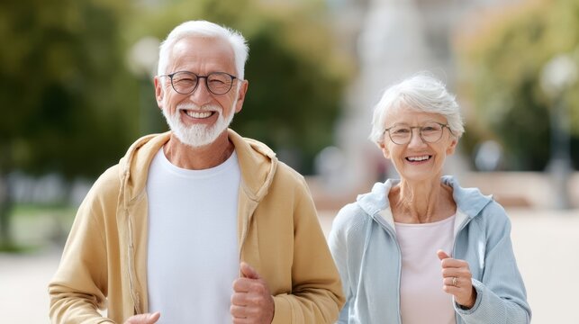 Senior couple enjoying a joyful morning jog in a park, surrounded by greenery and soft sunlight, promoting active lifestyle and wellness
