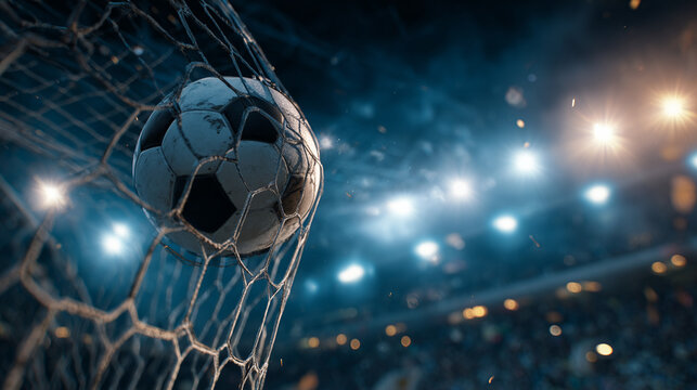 A soccer ball strikes the goal net during a thrilling match, illuminated by bright stadium lights. The atmosphere is electric as fans cheer for their teams