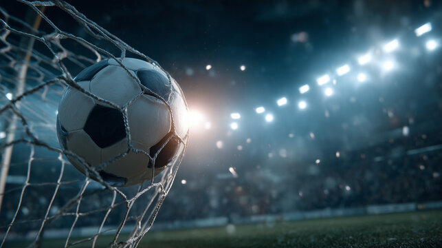 A soccer ball strikes the goal net during a thrilling match, illuminated by bright stadium lights. The atmosphere is electric as fans cheer for their teams