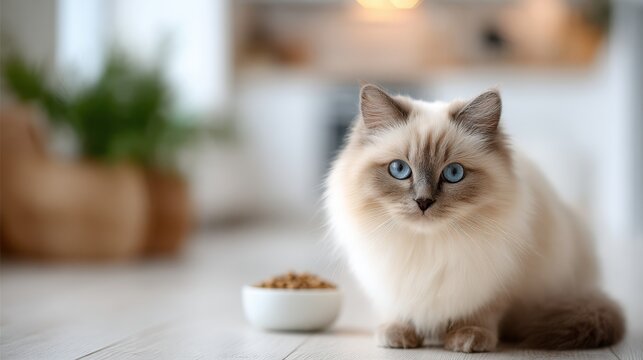 Fluffy domestic cat with striking blue eyes sitting beside a bowl of food in a cozy, well-lit home environment showcasing pet companionship