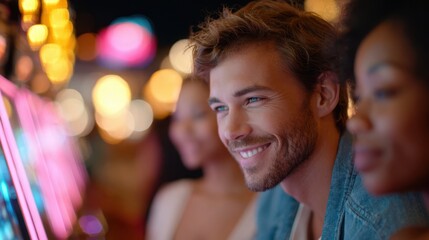 Young man enjoying time at a vibrant casino, surrounded by friends, with colorful slot machines and bright lights creating an exciting atmosphere