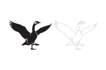 Silhouette of a goose with wings spread next to a sketch