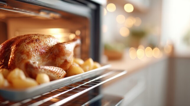 Golden roasted turkey with crispy skin and tender potatoes, placed in a modern oven, surrounded by warm ambient lighting, creating a cozy culinary atmosphere
