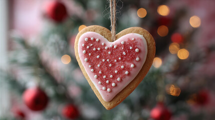 Hanging heart-shaped cookie ornament with pink icing and white sugar dots against a festive holiday background