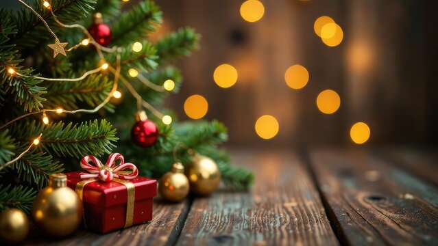 Christmas tree decorated with balls stars, gift box in gold color on blurred garland lights background. New year card with empty place for text. Gift certificate mockup design. Greeting card template. - Powered by Adobe