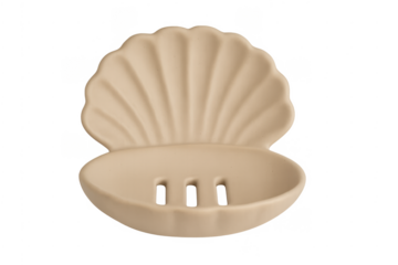 Beige seashell soap dish holding hygiene products