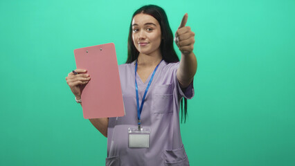 Woman physiotherapist in purple scrubs holding a pink clipboard and alternating thumbs up and thumbs down gestures in studio; reassurance support care.