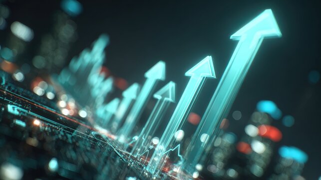 Dynamic digital arrows point upward against a blurred cityscape background, symbolizing progress, growth. ..Created with Generative AI, not depicting real subjects.