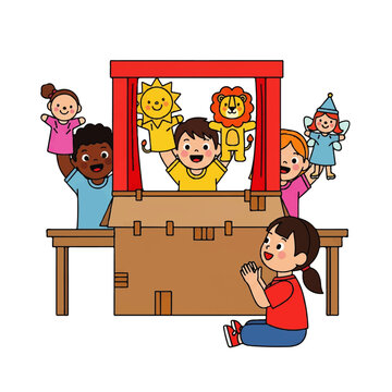 Children Enjoy Puppet Show on Stage with Colorful Backdrop.