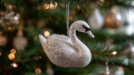 Obraz premium Sparkling swan Christmas ornament covered in silver sequins hanging on a festive tree
