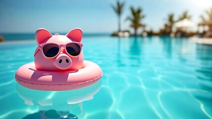 Close up of pink piggy bank with sunglasses and hat, sunny day sandy coast, summer vacation at sea beach or pool background. saving money concept