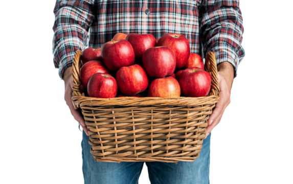 Healthy harvest scene with a man holding a basket overflowing with red apples in plaid attire