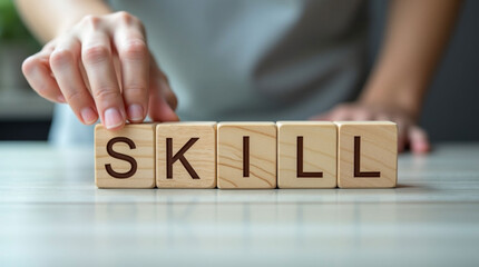 Developing Essential Skills: Hand Placing Wooden Block to Complete the Word 'SKILL' on a Desk