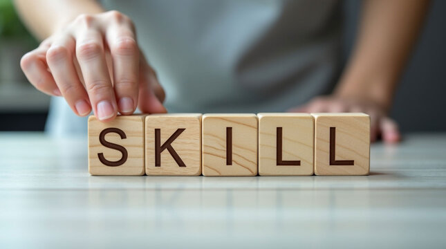 Developing Essential Skills: Hand Placing Wooden Block to Complete the Word 'SKILL' on a Desk