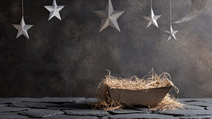 A symbolic nativity scene, featuring a humble manger beneath a celestial array of stars, evoking a sense of reverence and anticipation. ..Created with Generative AI, not depicting real subjects.