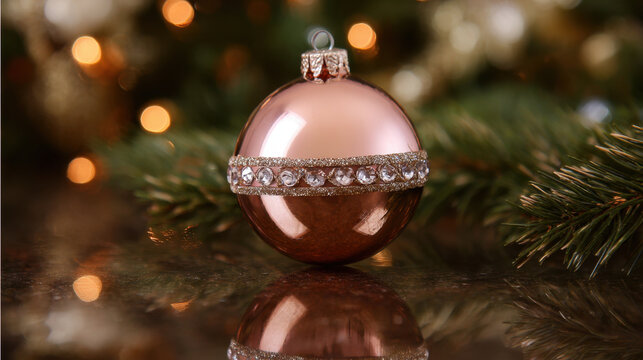 Rose gold ornament with crystal band reflecting warm holiday lights on a pine branch - Powered by Adobe