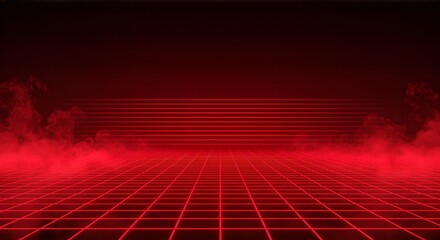 Vibrant red neon grid landscape with atmospheric smoke creating a futuristic, digital cyberspace illusion perfect for tech presentations or gaming backgrounds.