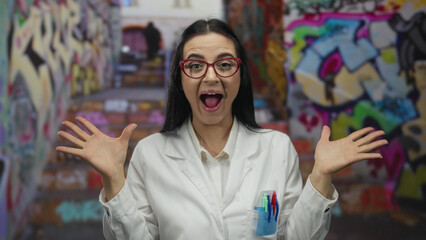 Woman scientist in a white uniform stands excitedly in the street with vibrant graffiti background, expressing joy and enthusiasm while surrounded by urban art.