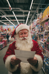 Santa Claus reading a child's Christmas wish letter in shopping mall toy section with shelves of toys behind him