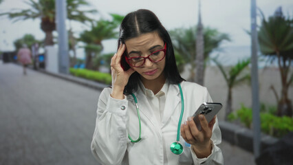 Young hispanic woman doctor with stethoscope holding smartphone outdoors on a seaside promenade...