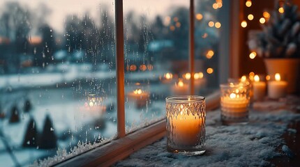 Cozy Winter Scene: Lit Candles, Snowy Window, and Soft Bokeh Lights - Powered by Adobe