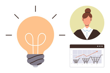 Light bulb representing creativity, woman symbolizing professional thinking, e-commerce analytics chart with growth trends. Ideal for business, innovation, online shopping, strategy