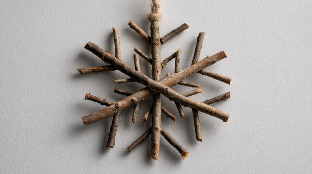 Rustic snowflake ornament made of natural twigs arranged in a geometric pattern on a light background - Powered by Adobe