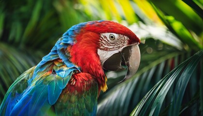 vibrant macaw parrot in lush tropical foliage