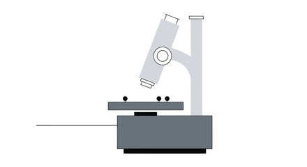 Stylized grayscale drawing of a microscope with a stage and objectives