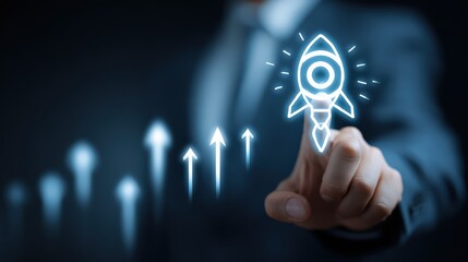 An executive's finger points towards a glowing rocket, symbolizing innovation and the pursuit of bold goals. ..Created with Generative AI, not depicting real subjects.