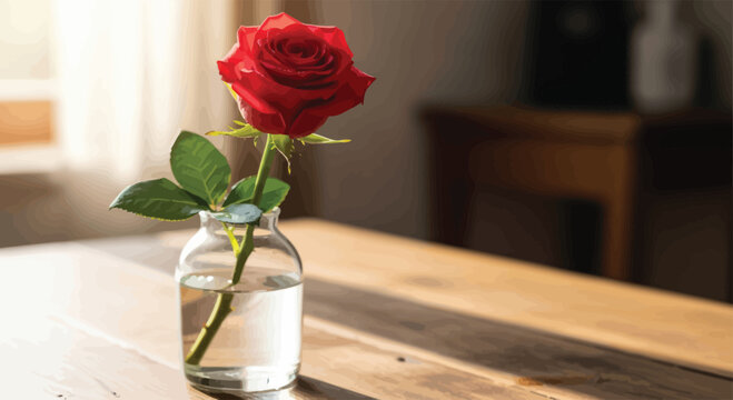 A single red rose in a clear vase on a wooden table in soft light