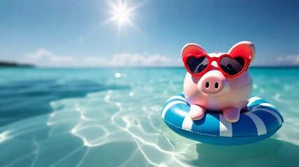 Close up of pink piggy bank with sunglasses and hat, sunny day sandy coast, summer vacation at sea beach or pool background. saving money concept