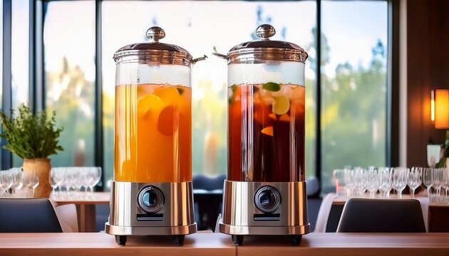 two stylish glass drink dispensers with different beverages create an elegant and inviting drink station at a modern indoor party or event